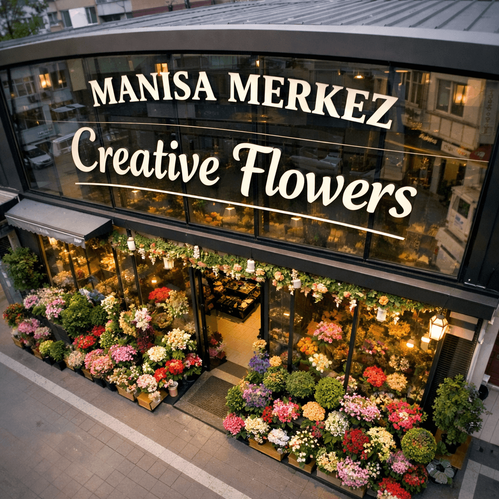Creative Flowers - Manisa çiçekçi dükkanı, camda Creative Flowers yazısı